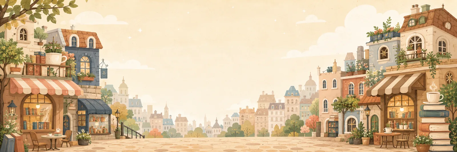 A sunlit watercolor town square lined with book shops and caf&eacute;s, in the sunshine